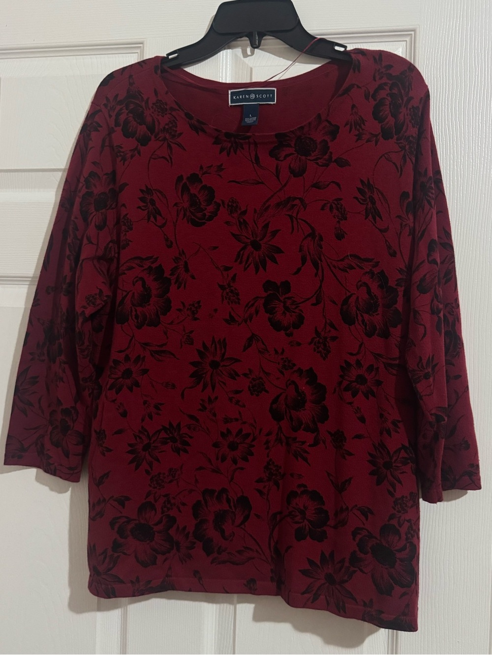 Karen Scott Burgundy Long-Sleeve Floral Scoop Neck Top
